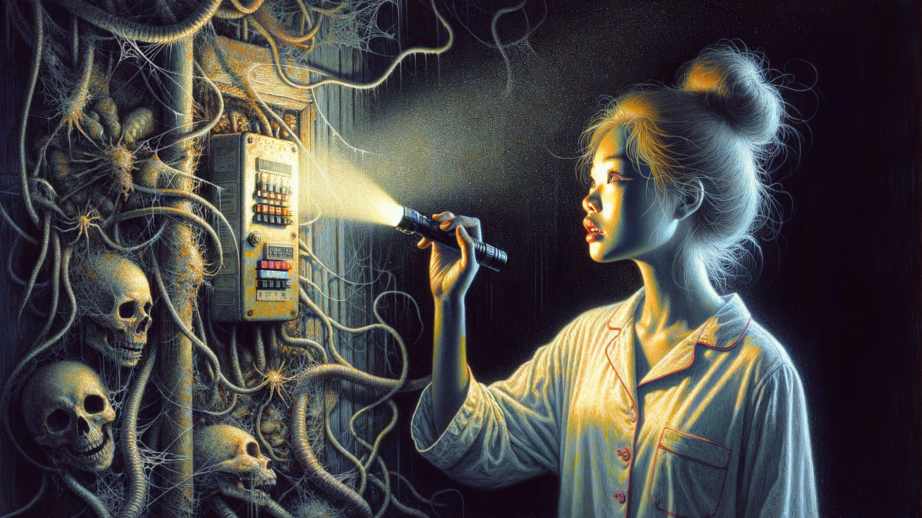 Young Woman in Pajamas Examines Eerie Electrical Panel