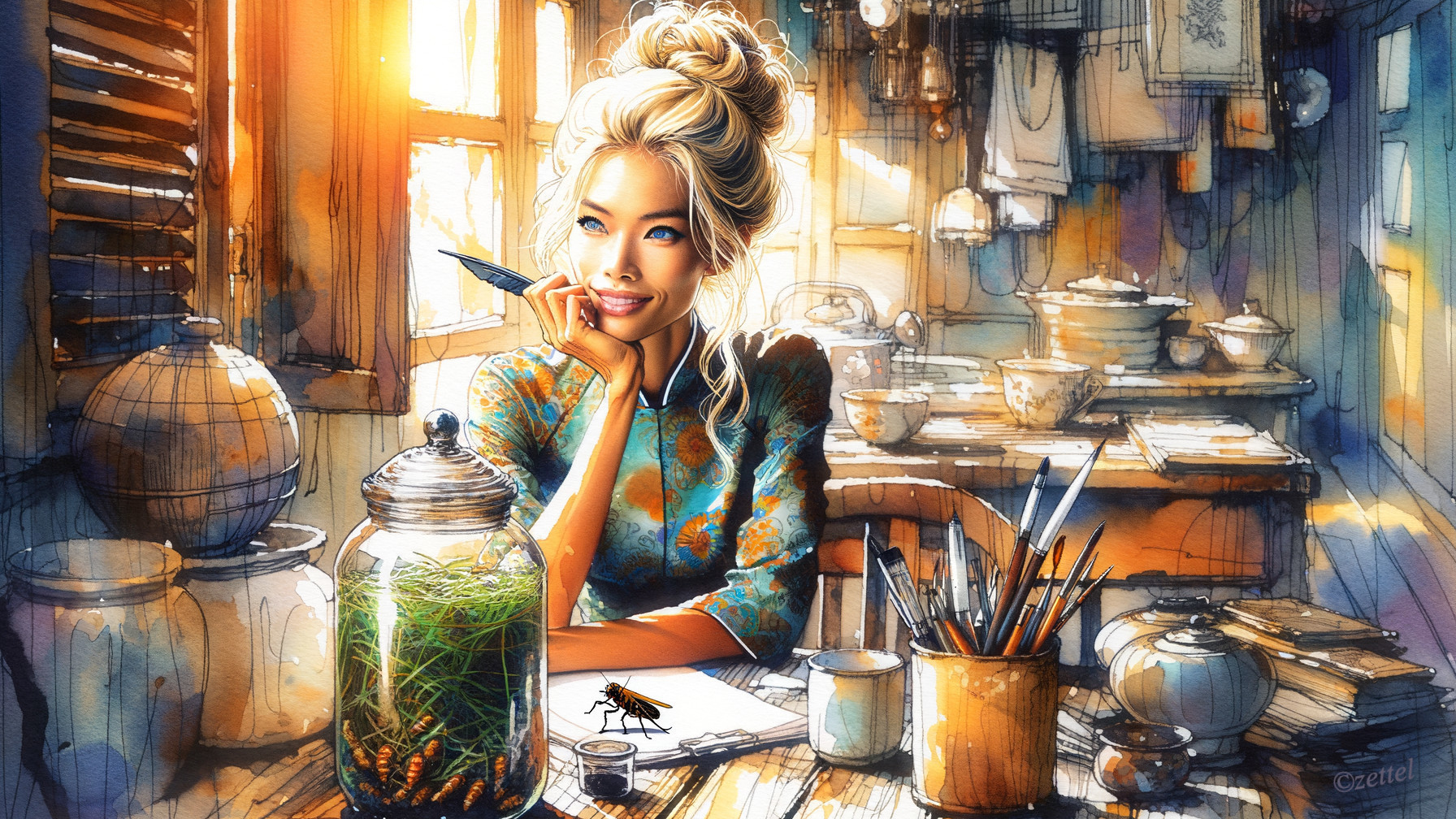 Woman in colorful dress at rustic table with art supplies