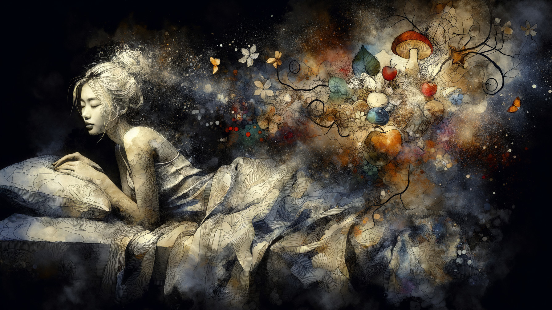 Serene Woman Sleeping in a Colorful Dreamscape