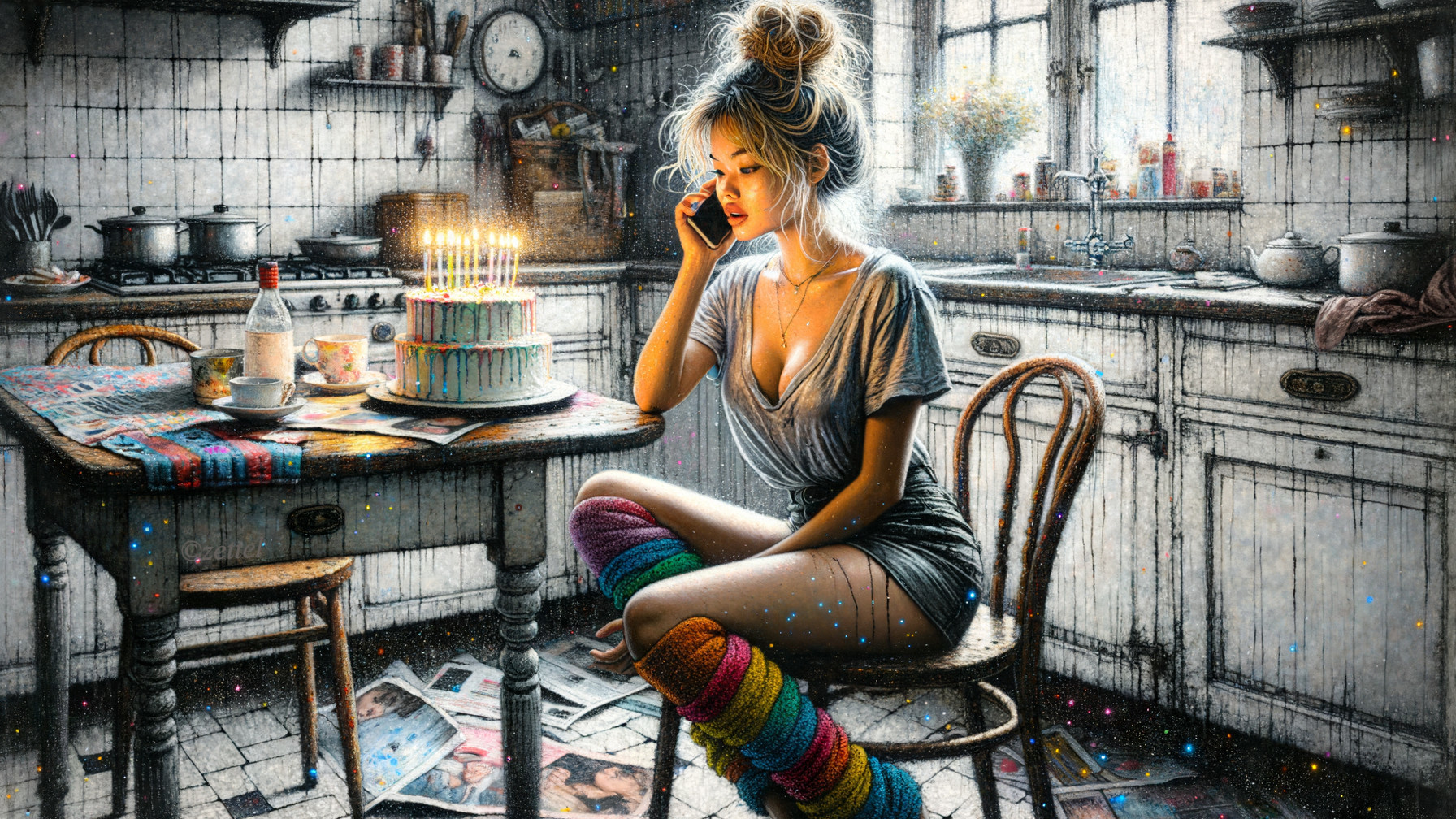 Young Woman in Vintage Kitchen with Festive Cake