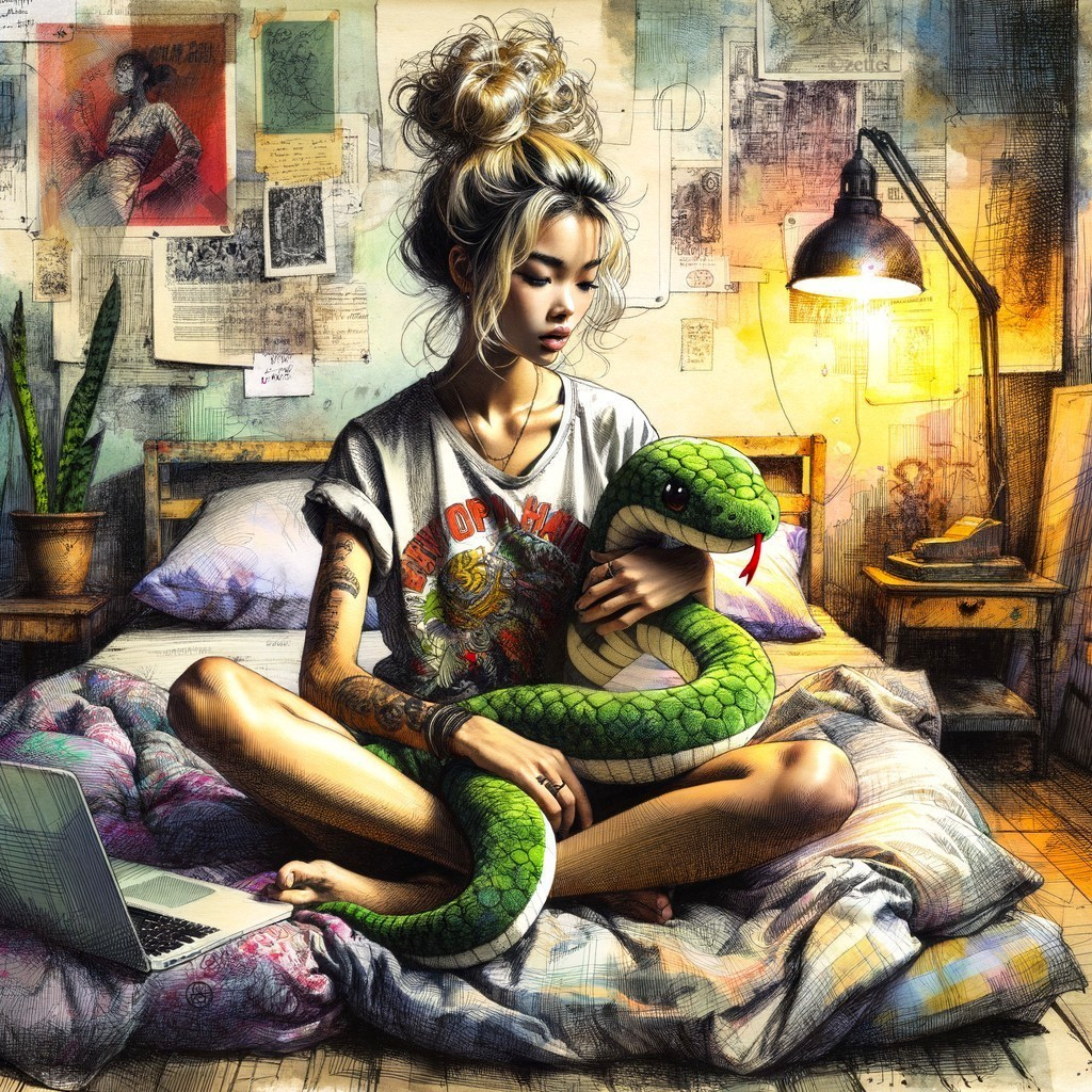 Young woman with tattoos and plush snake in cozy room