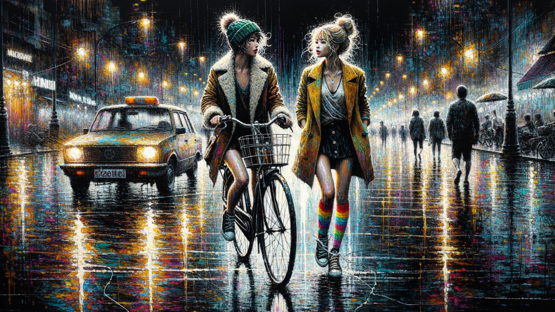 Urban Night Scene with Women and Vintage Taxi