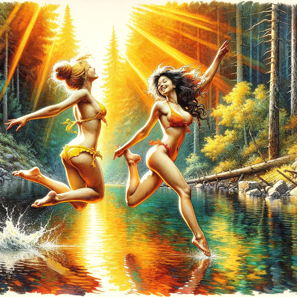 Young Women Leaping into Lake at Sunset in Forest