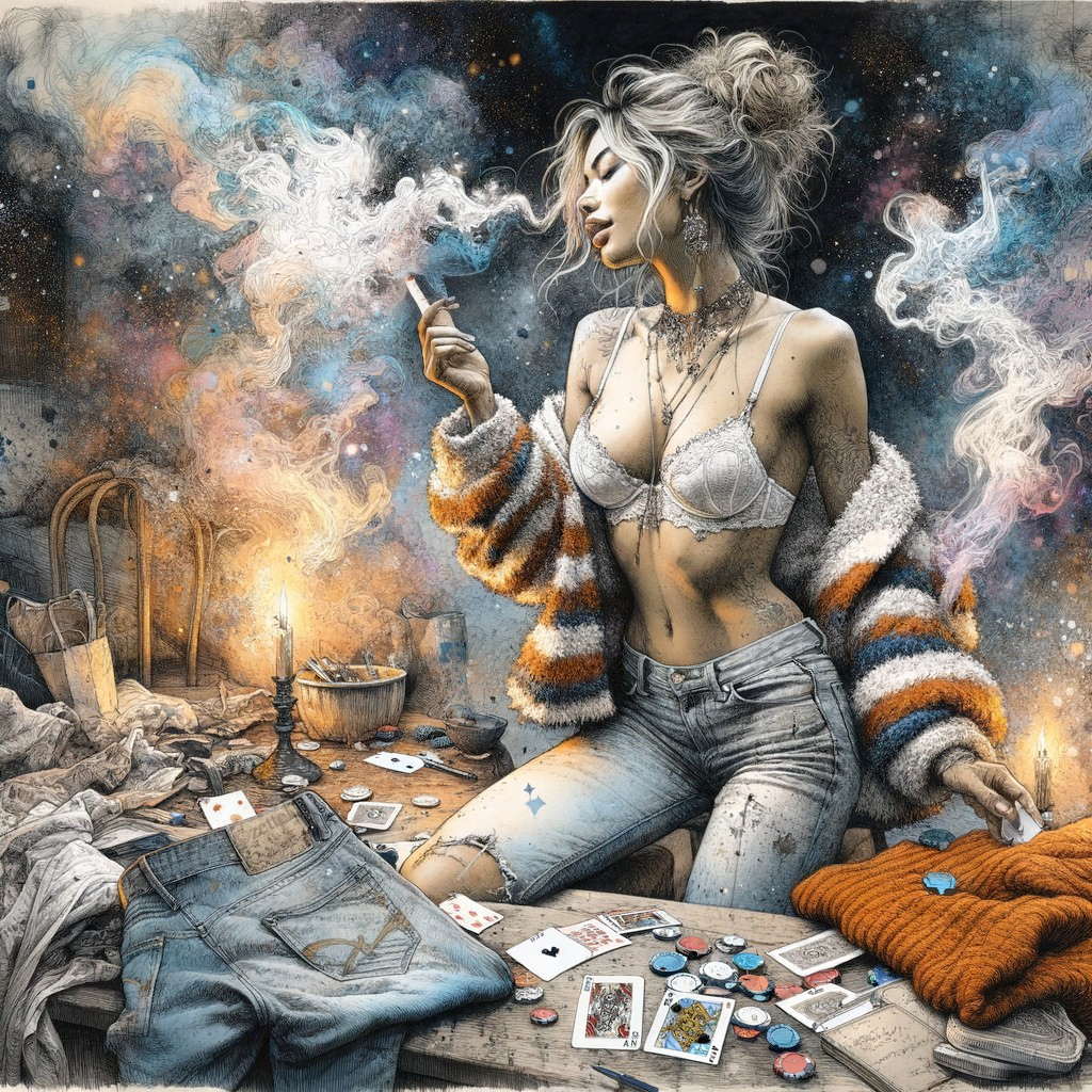 Stylish Woman at Cluttered Table with Poker Gear