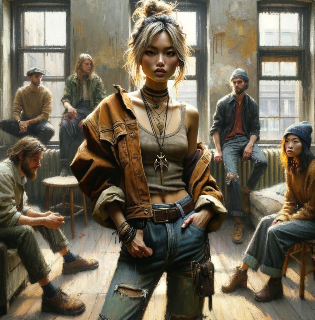 Young Woman in Oversized Jacket in Rustic Room