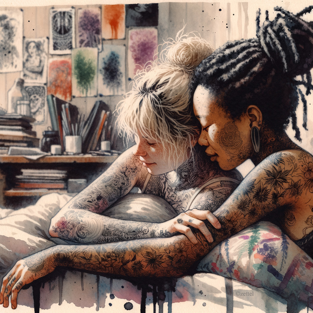 Two Women in Cozy Room Surrounded by Art Supplies