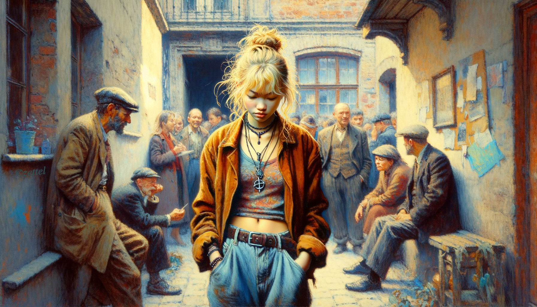 Nostalgic Alley Scene with Young Woman and Older Men