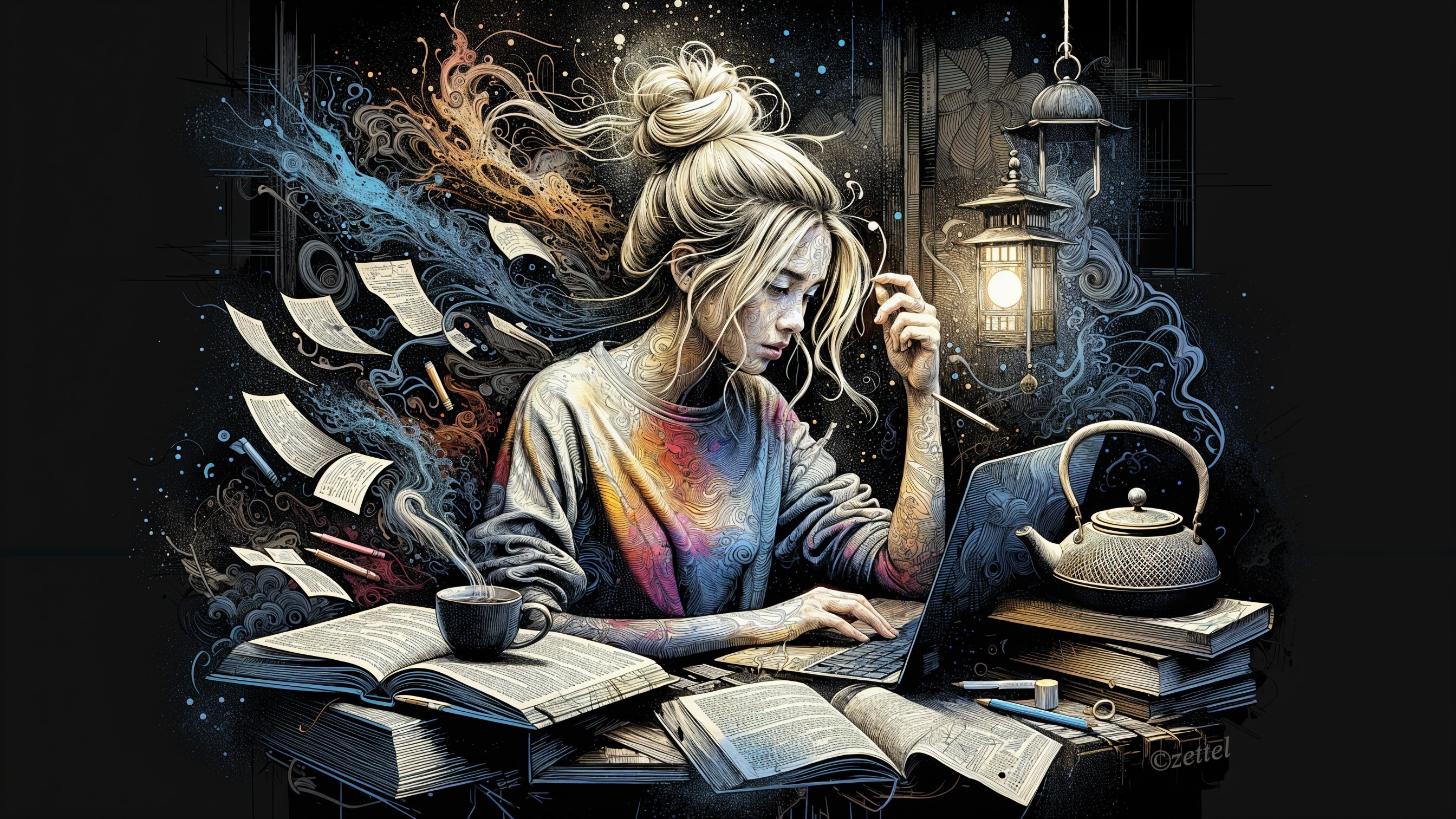 Young woman at desk with books and creative ambiance