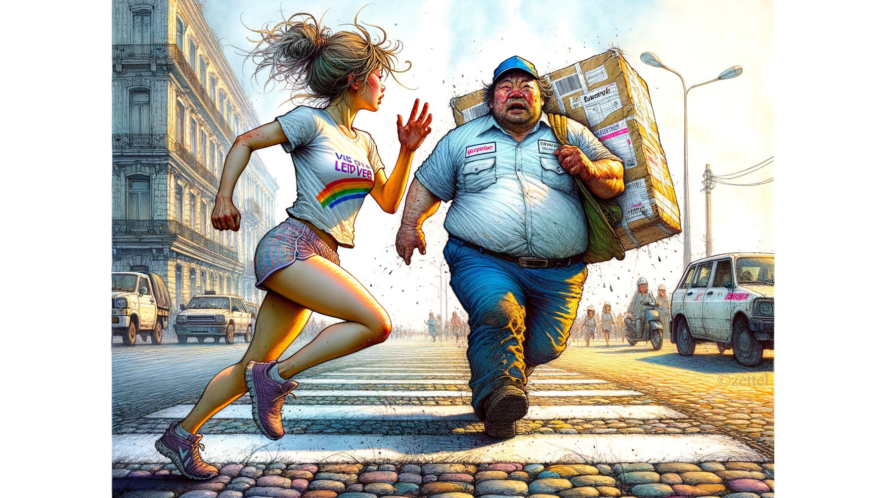 Vibrant Urban Scene with Determined Woman Sprinting