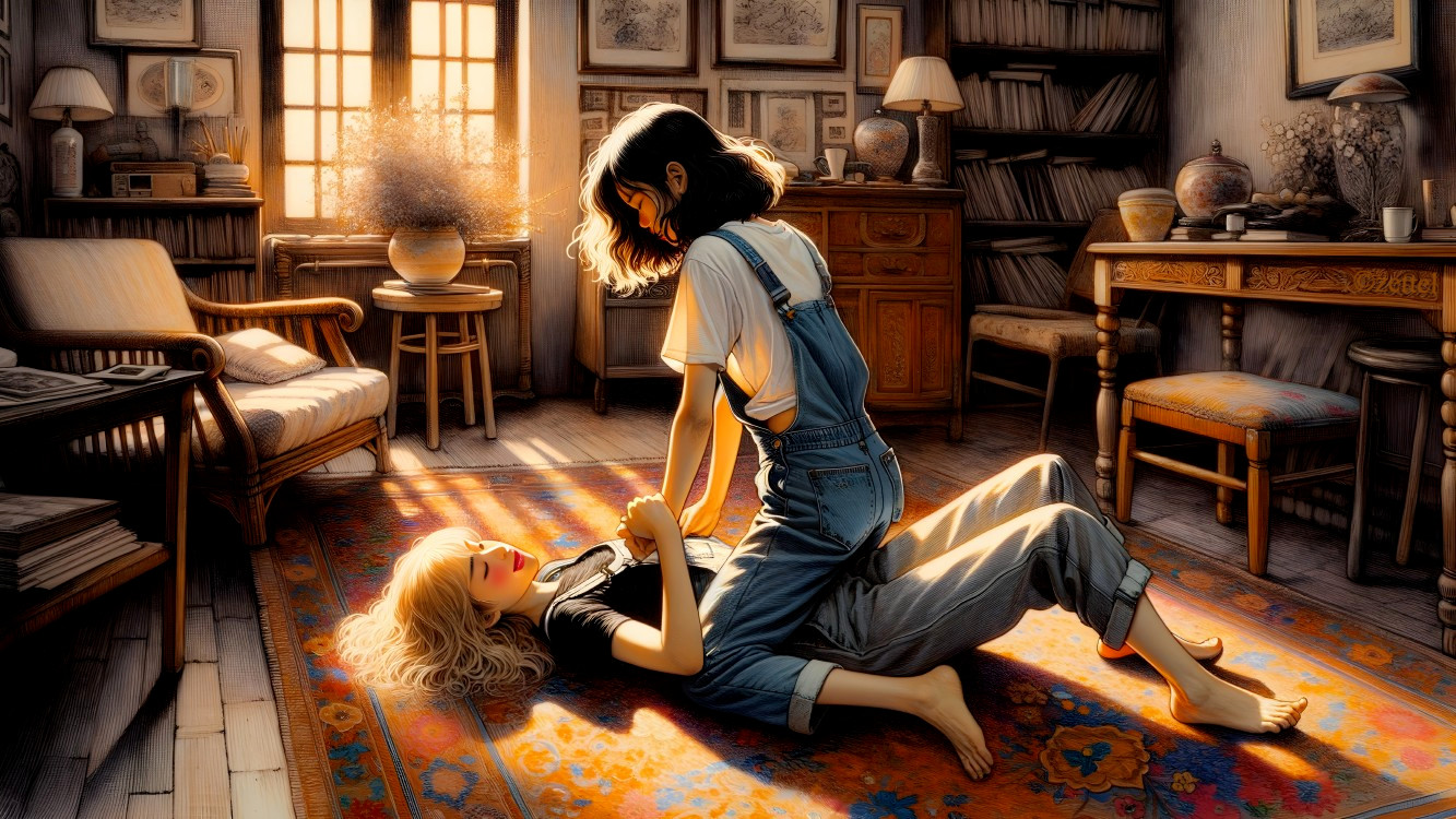 Warmly Lit Room with Two Women on a Vibrant Rug