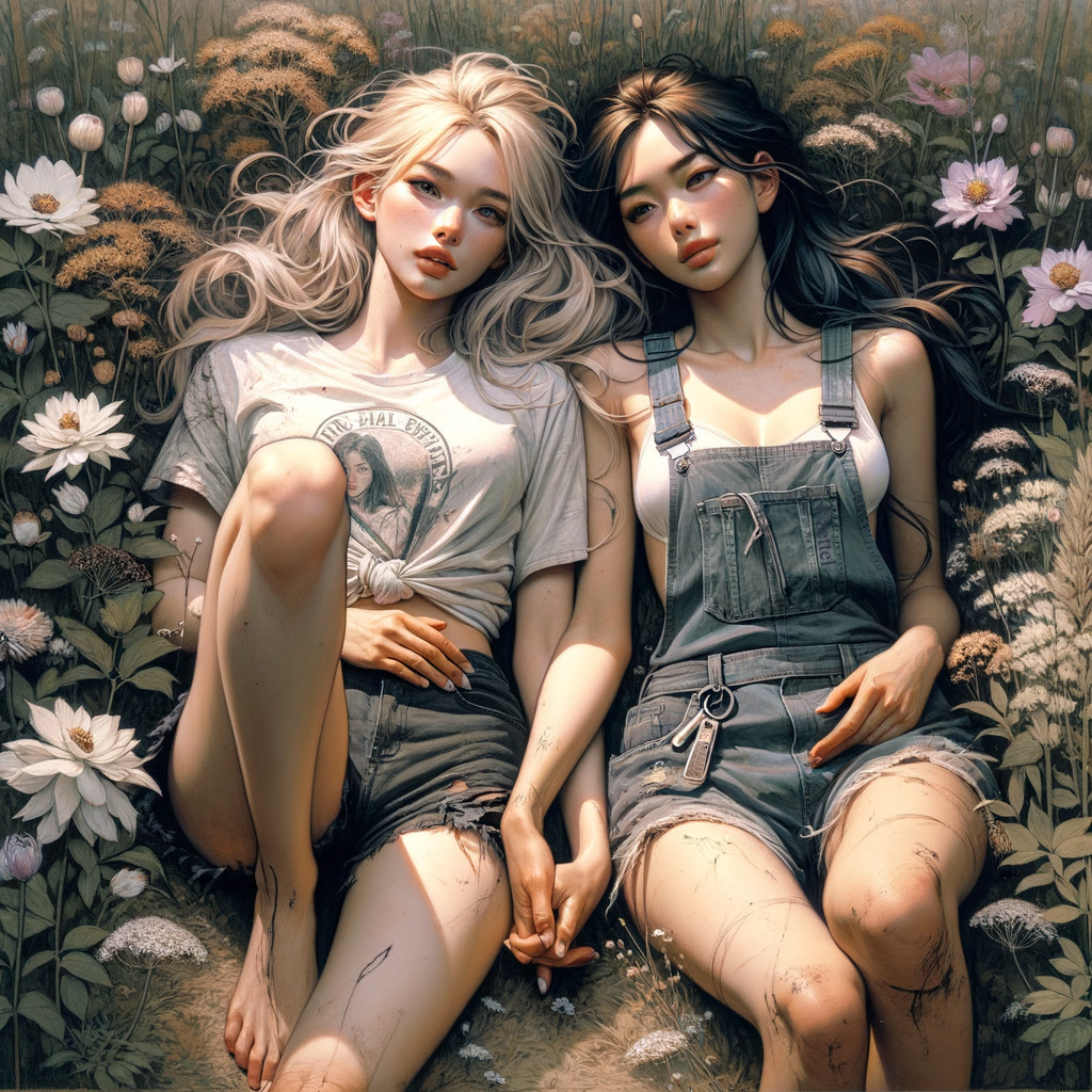 Young Women in Flower-Filled Meadow Holding Hands