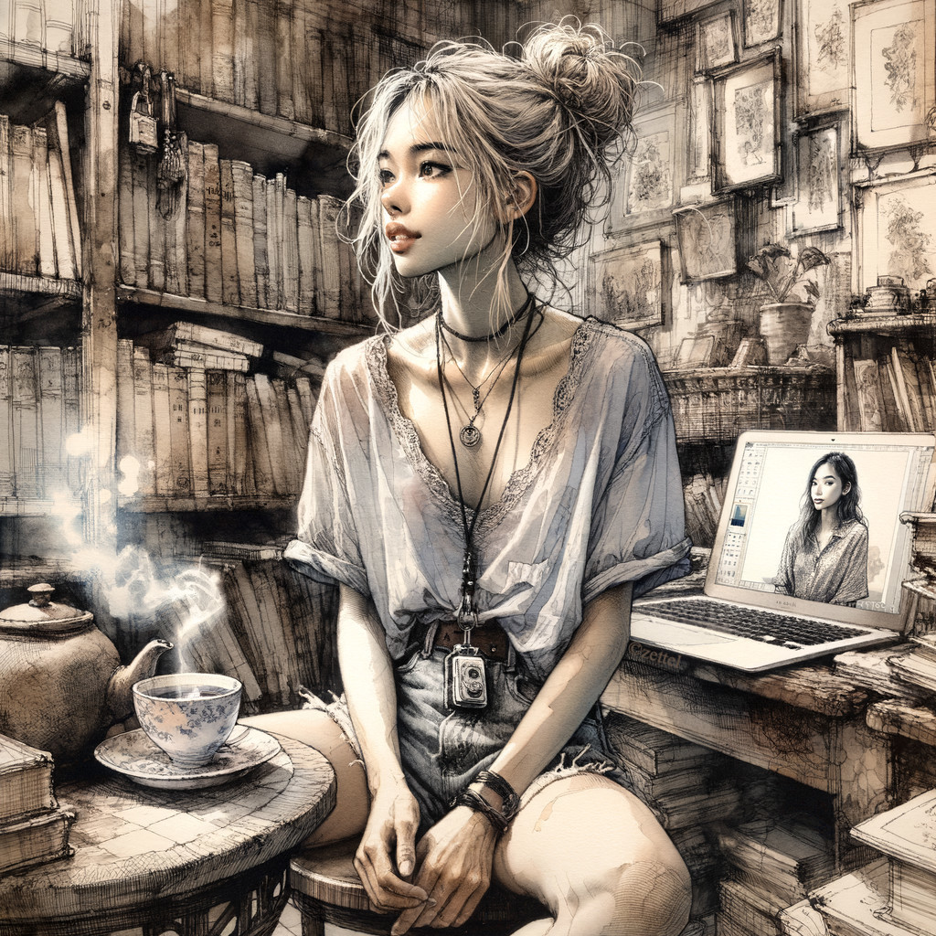 Young Woman in Cozy Study with Bookshelves and Laptop