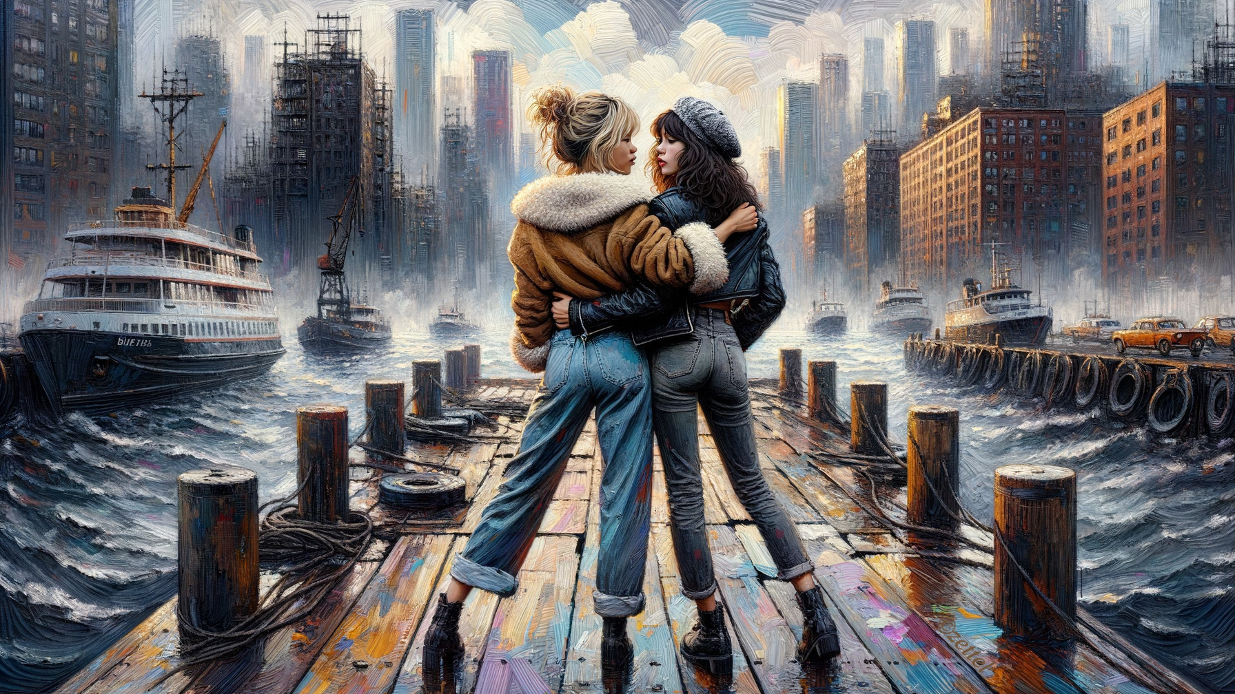 Women on a Pier with Cityscape and Skyscrapers