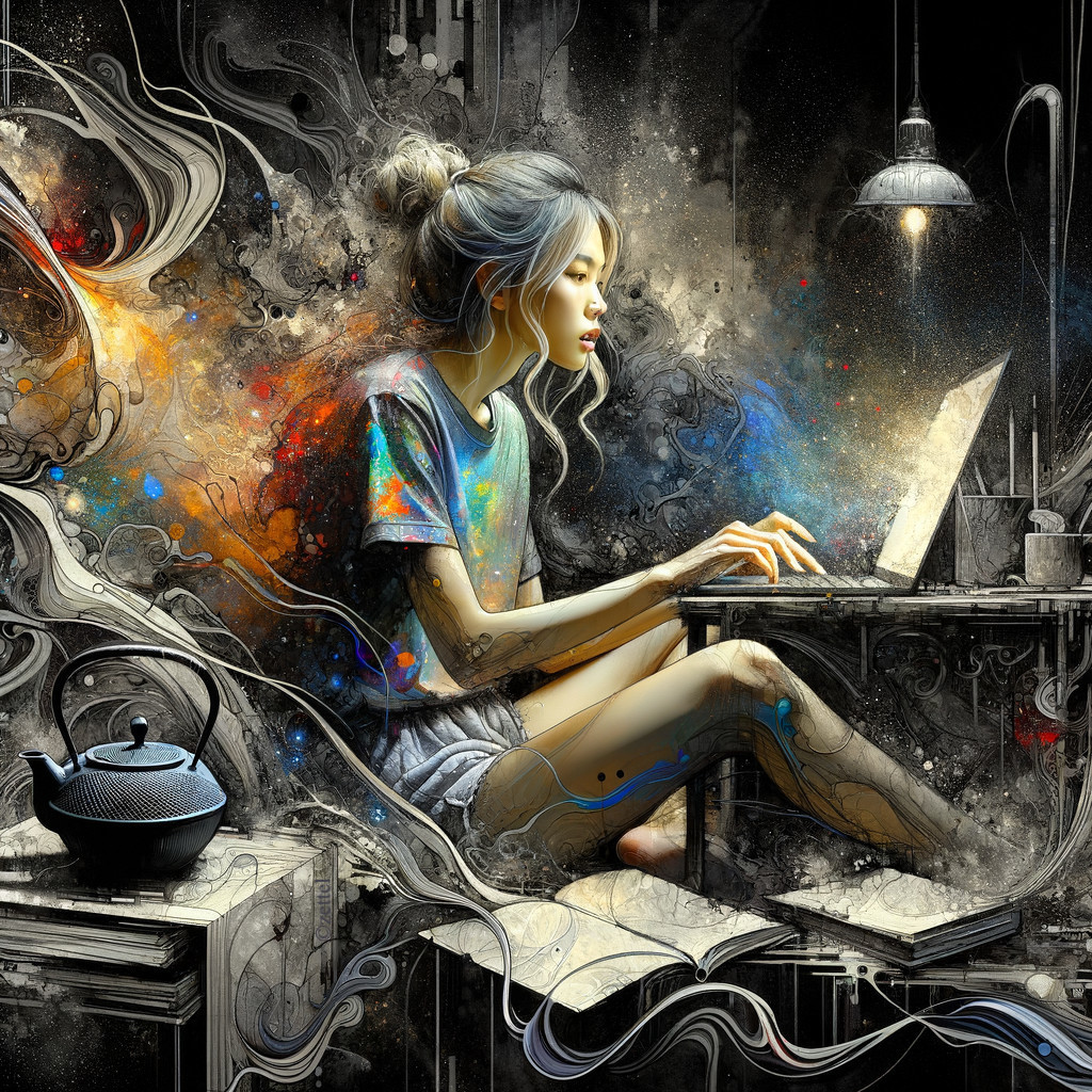 Young woman at a colorful, cluttered desk with laptop