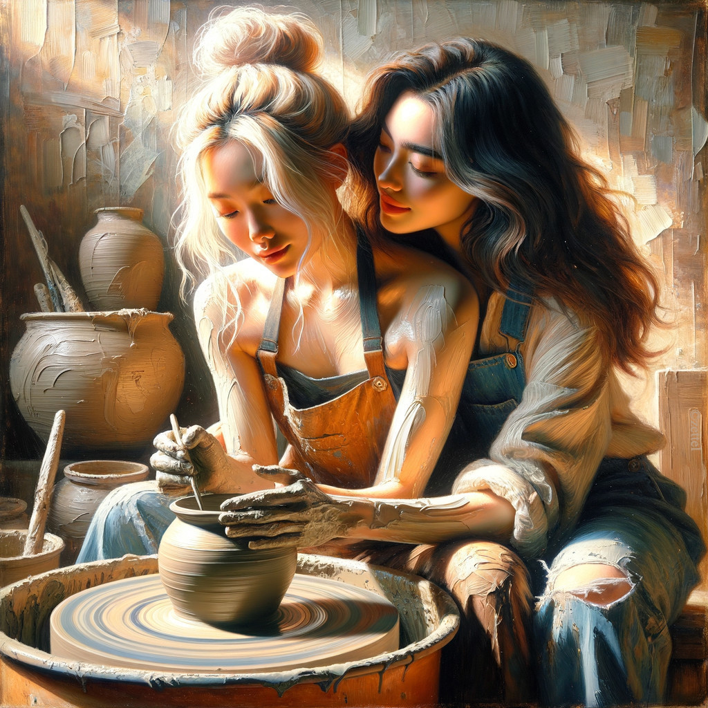 Women Creating Pottery in a Warm Studio Setting