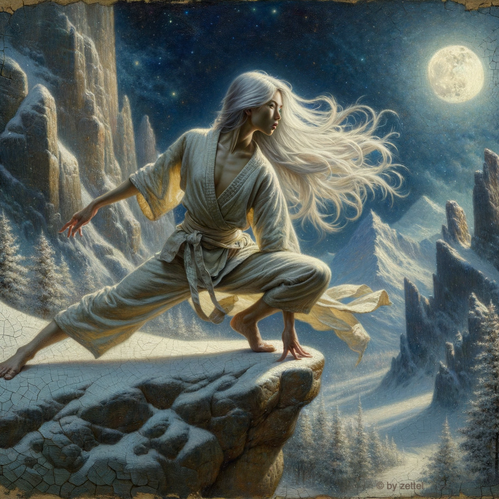 Serene figure in white robe on rocky cliff at night