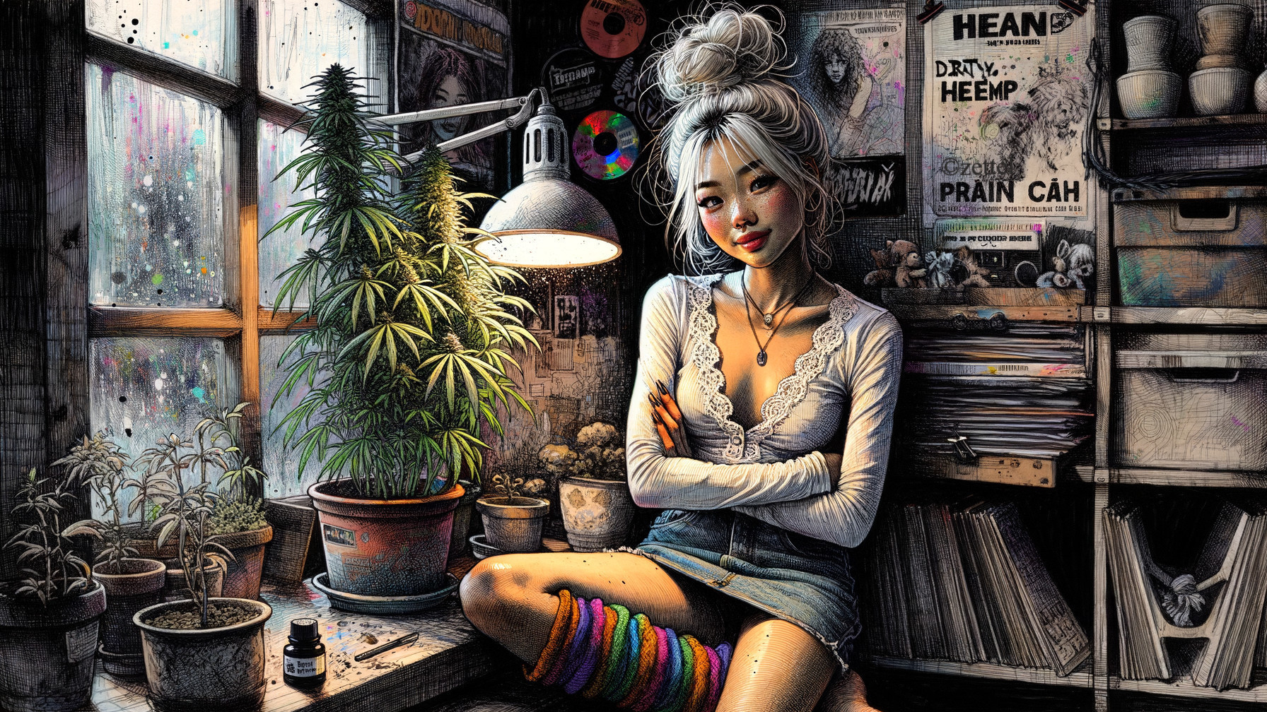 Cozy Room with Houseplants and Thoughtful Woman