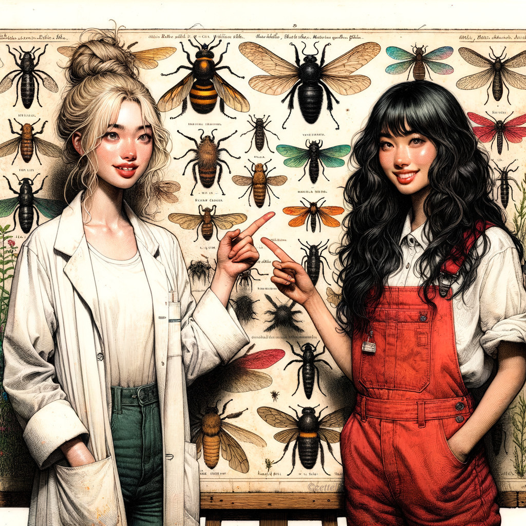 Young Women Engaged with Colorful Insect Display