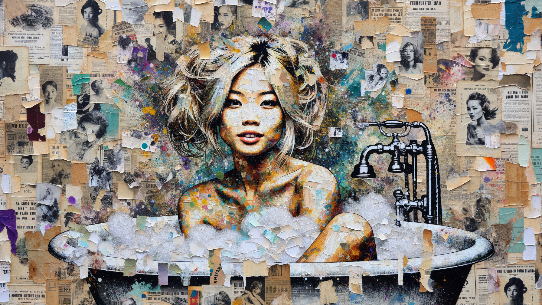 Portrait of a Woman in Bathtub with Collage Background