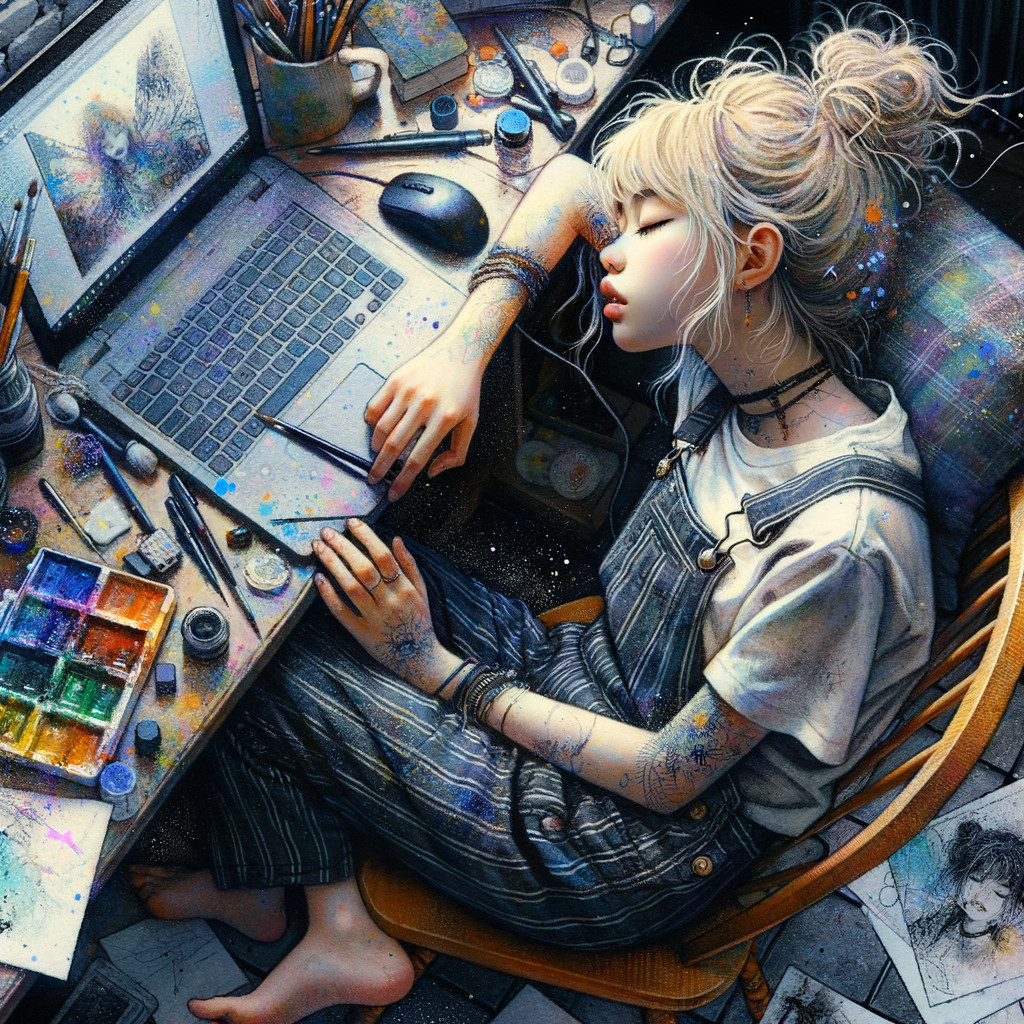 Young artist resting at a cluttered creative workspace