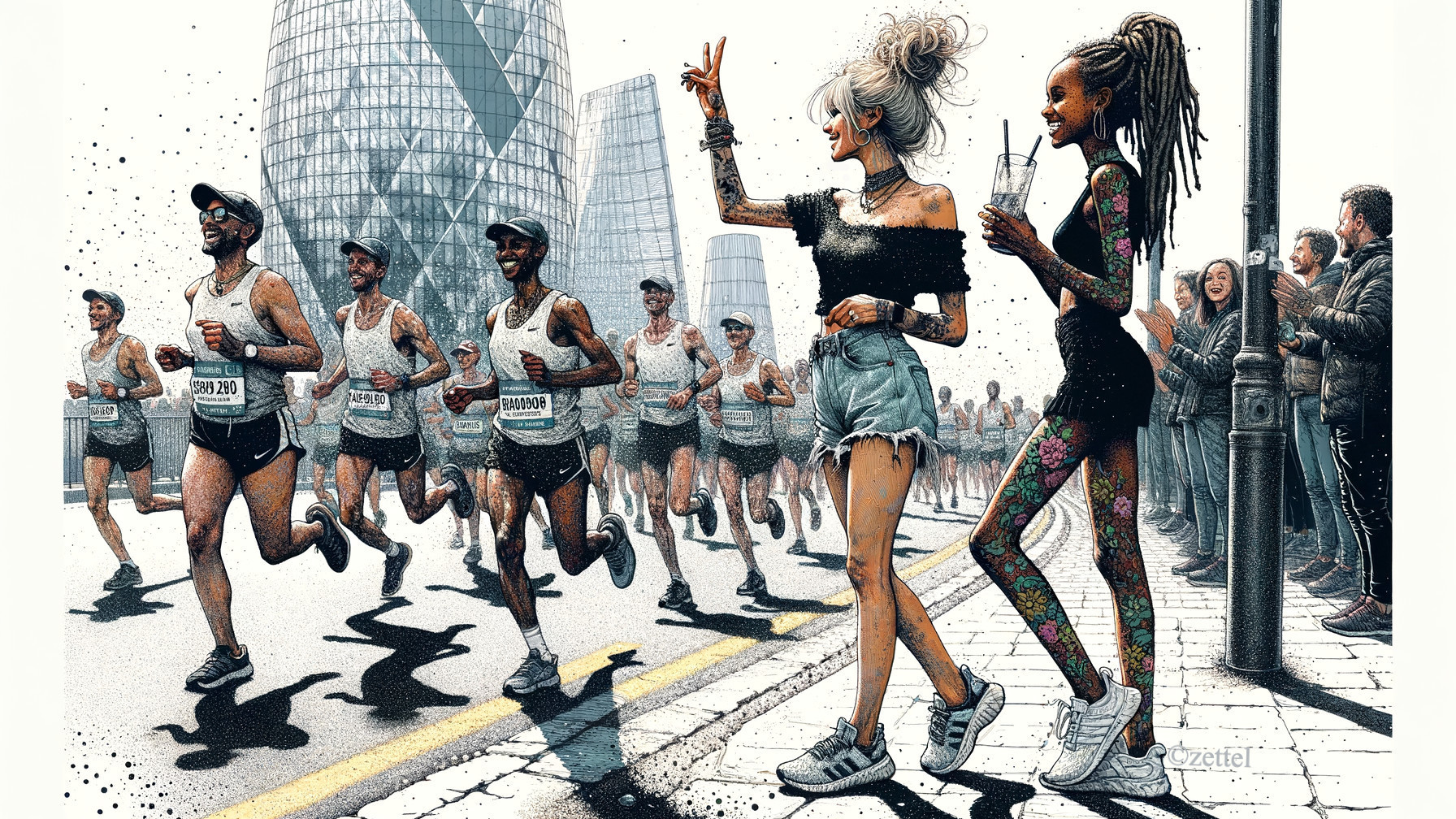 Vibrant Marathon Scene with Runners and City Life