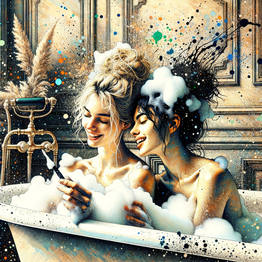 Two Women Relaxing in a Vintage Bathtub with Bubbles