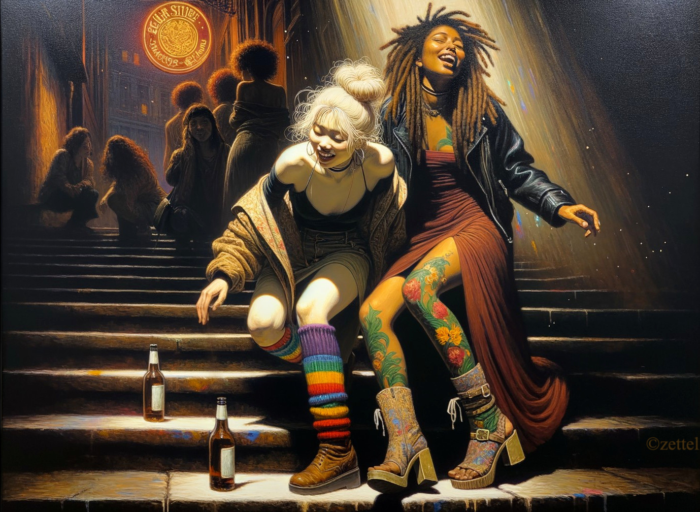 Women Laughing on Stairs with Urban Backdrop