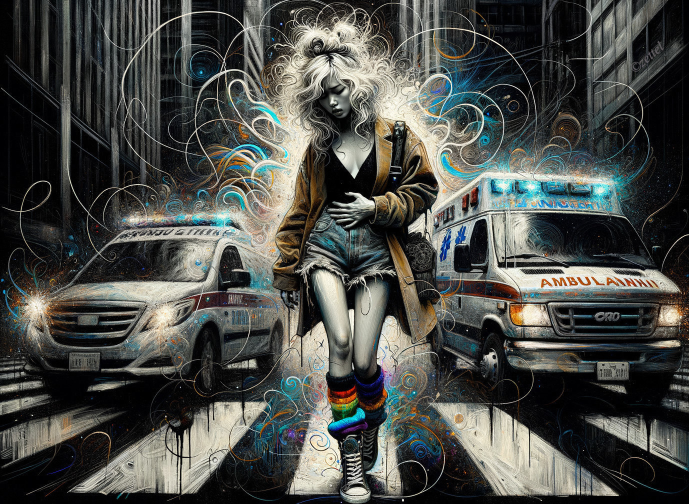 Mixed Media Artwork of Woman with Ambulances Surrounding