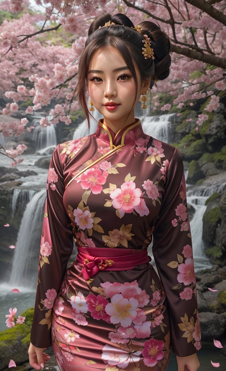 Young woman in floral dress amid waterfalls and blossoms