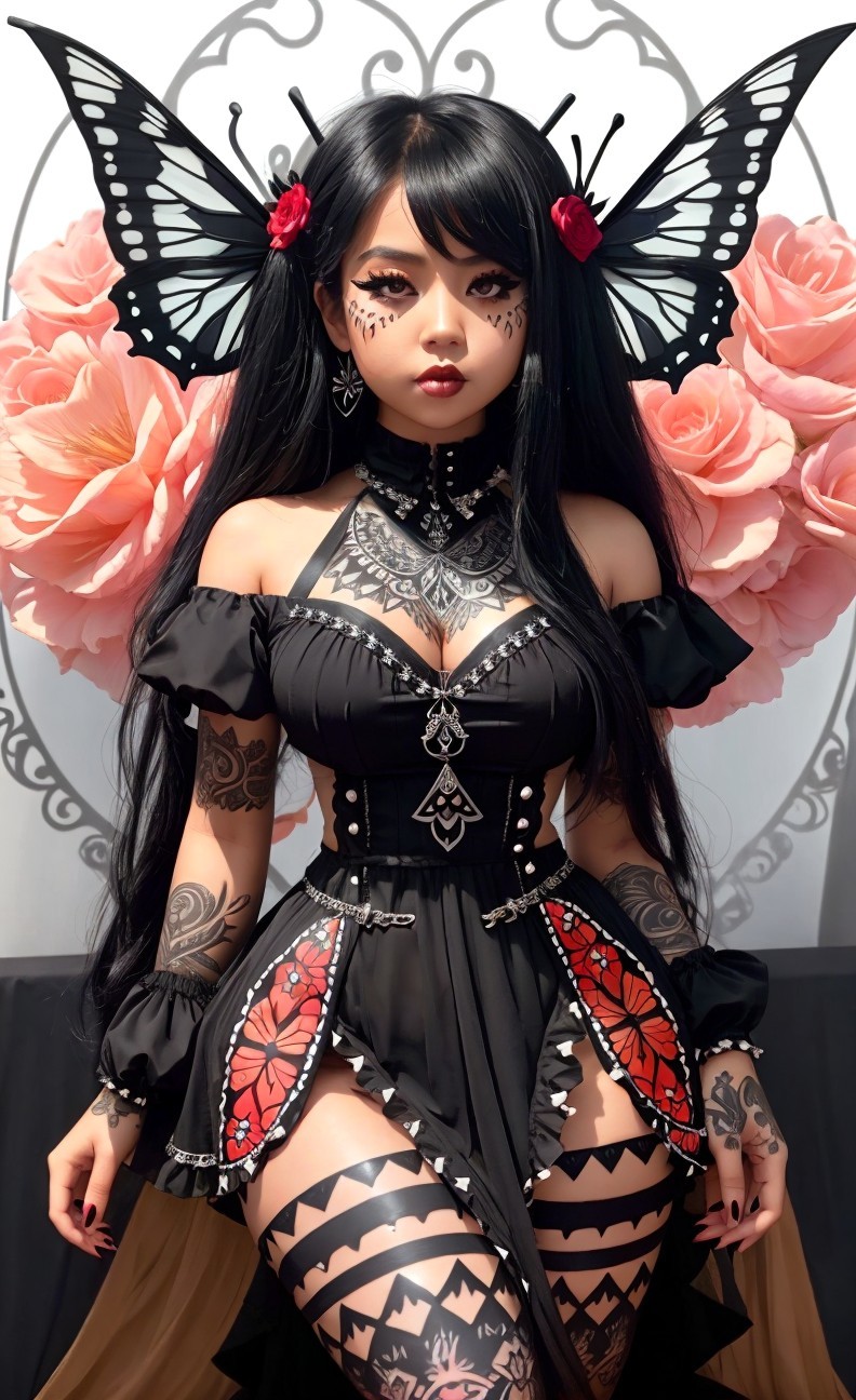 Dramatic Black Dress with Butterfly Motifs and Roses