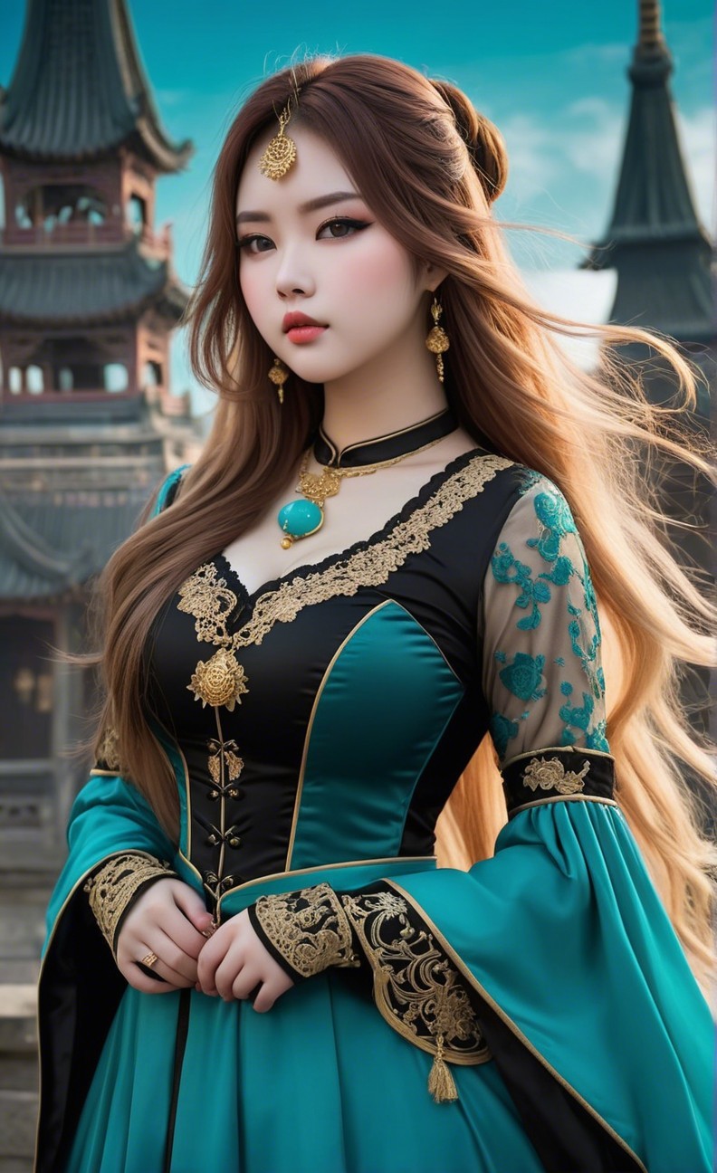 Young Woman in Elegant Turquoise Gown with Jewelry