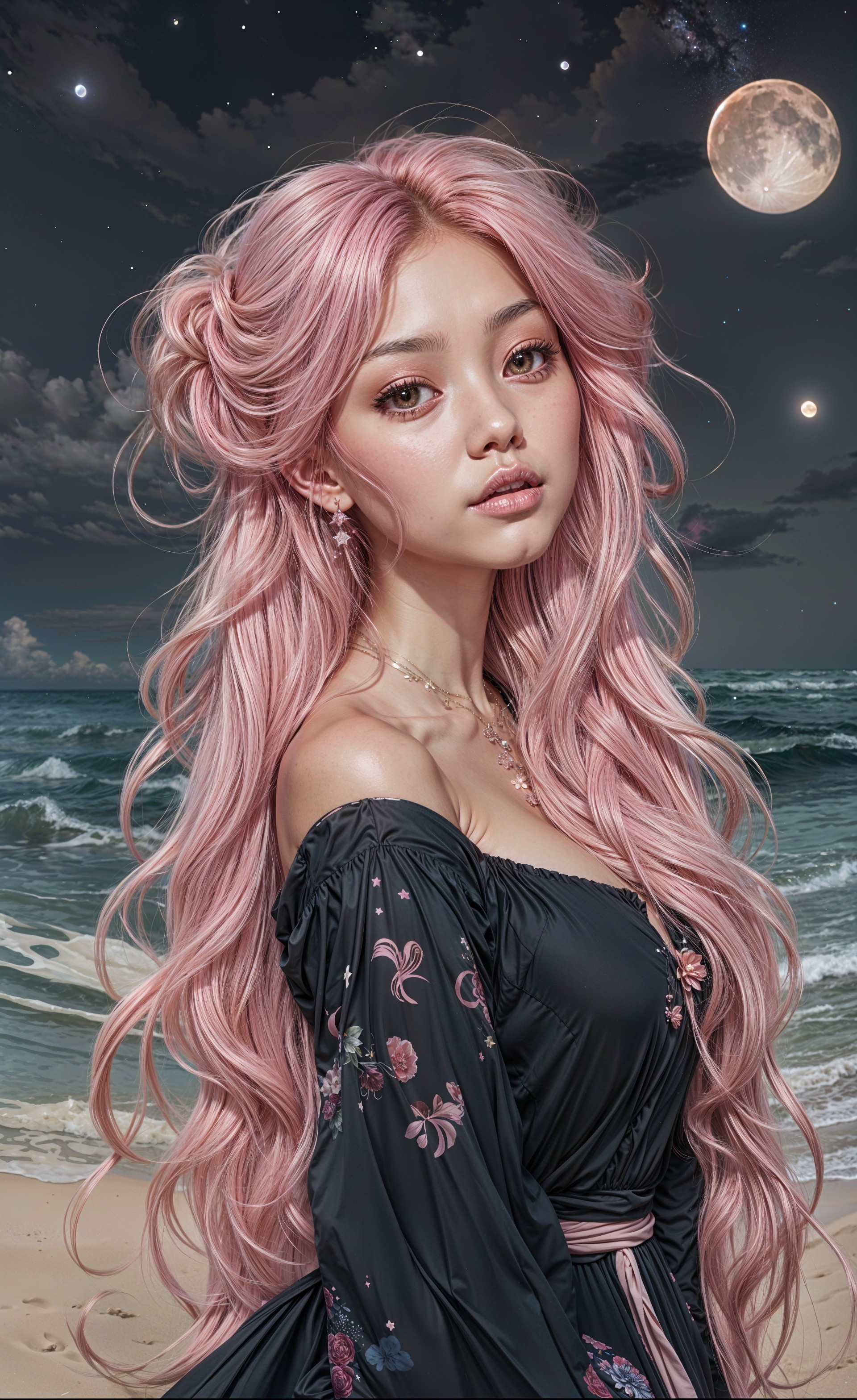 Ethereal figure by ocean under starry sky with moons