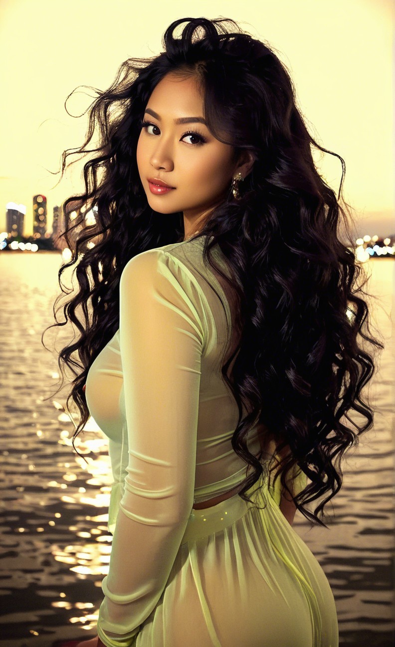 Woman in sheer green dress by sunset water scene