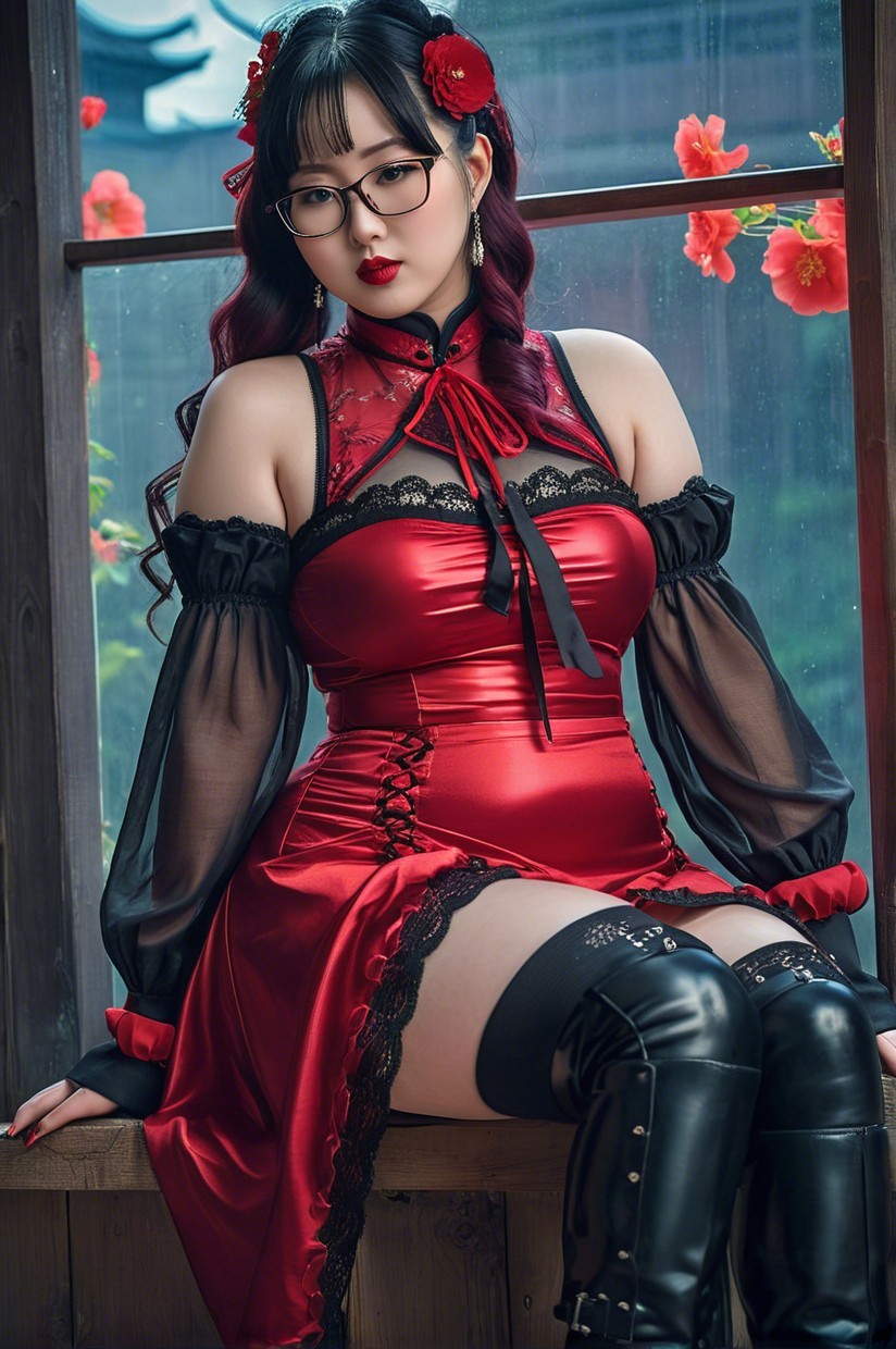 Elegant Woman in Red Dress by Flowered Window