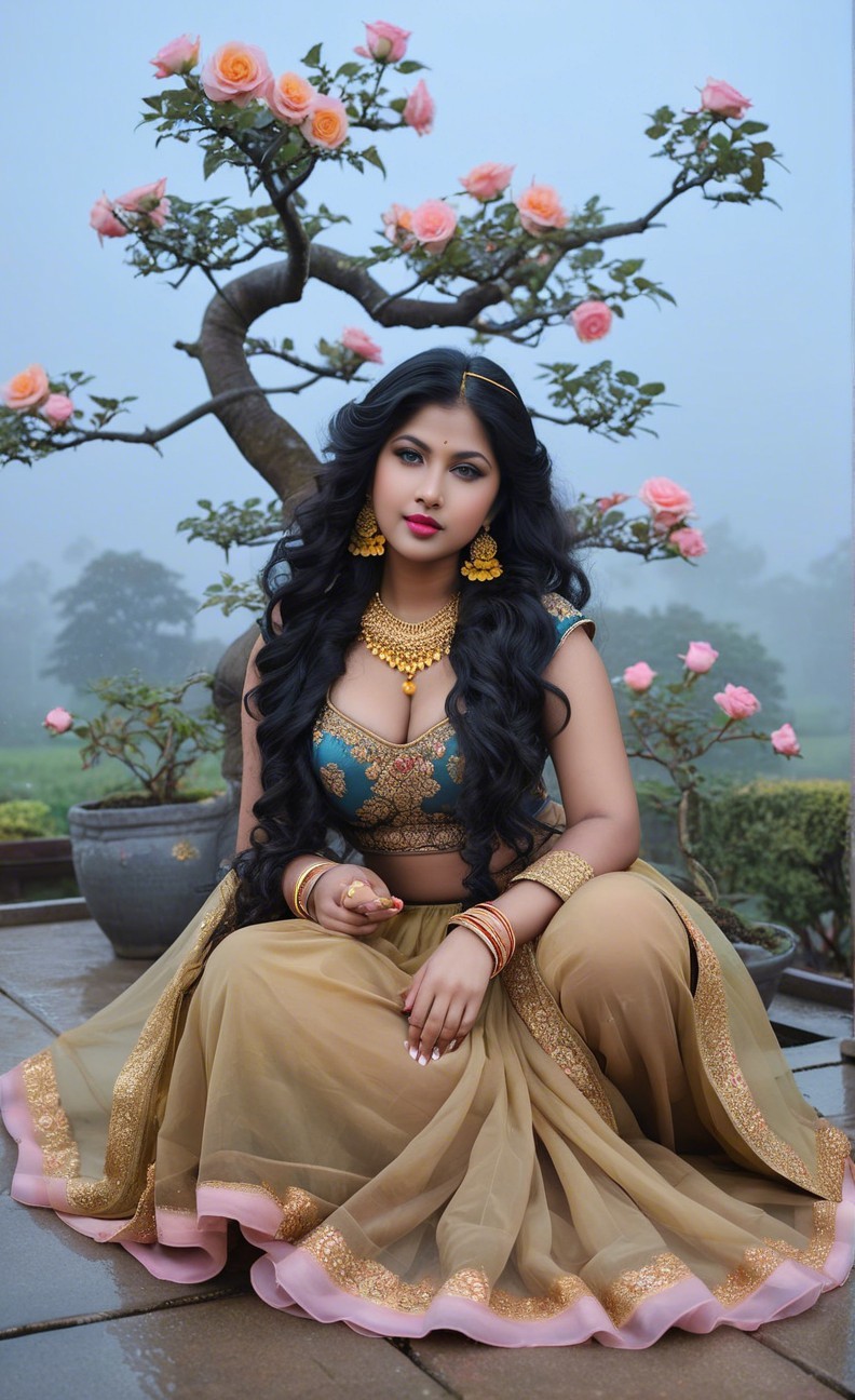 Young woman in traditional outfit amidst lush greenery