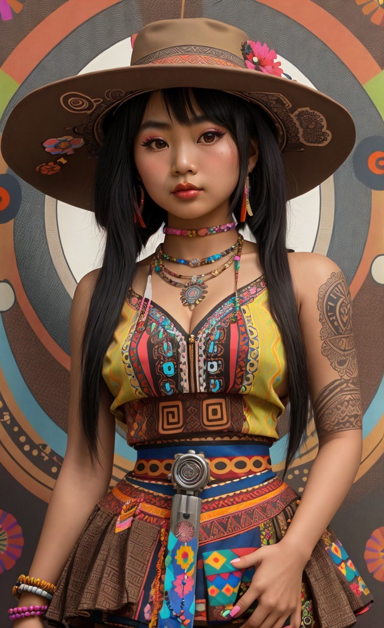 Young Woman in Vibrant Cultural Outfit with Geometric Background