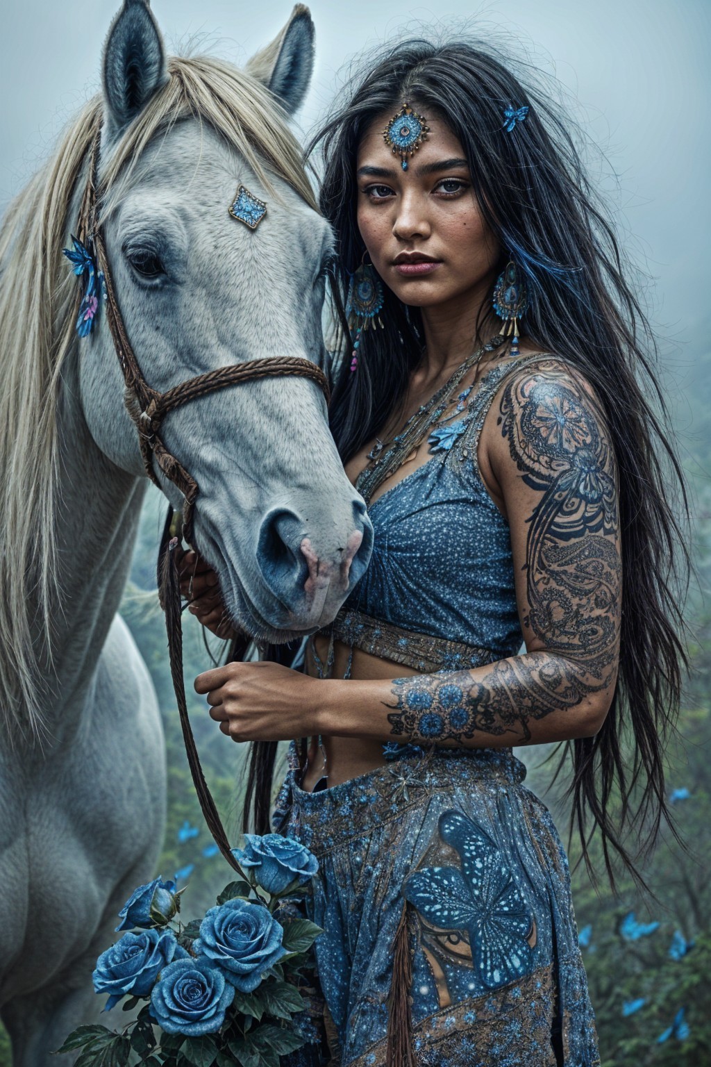 Mystical Forest Scene with Woman and White Horse