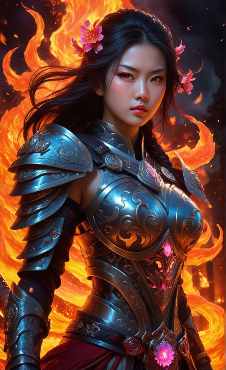 Warrior in Silver Armor Surrounded by Flames
