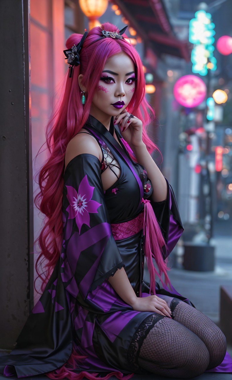 Woman with Pink Hair in Kimono by Lanterns