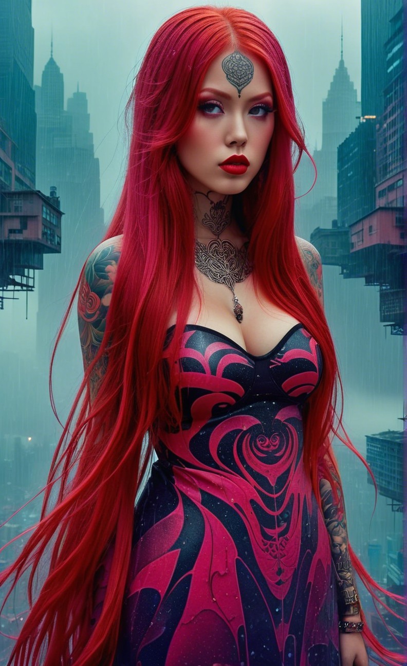 Elegant Figure with Red Hair in Urban Misty Setting