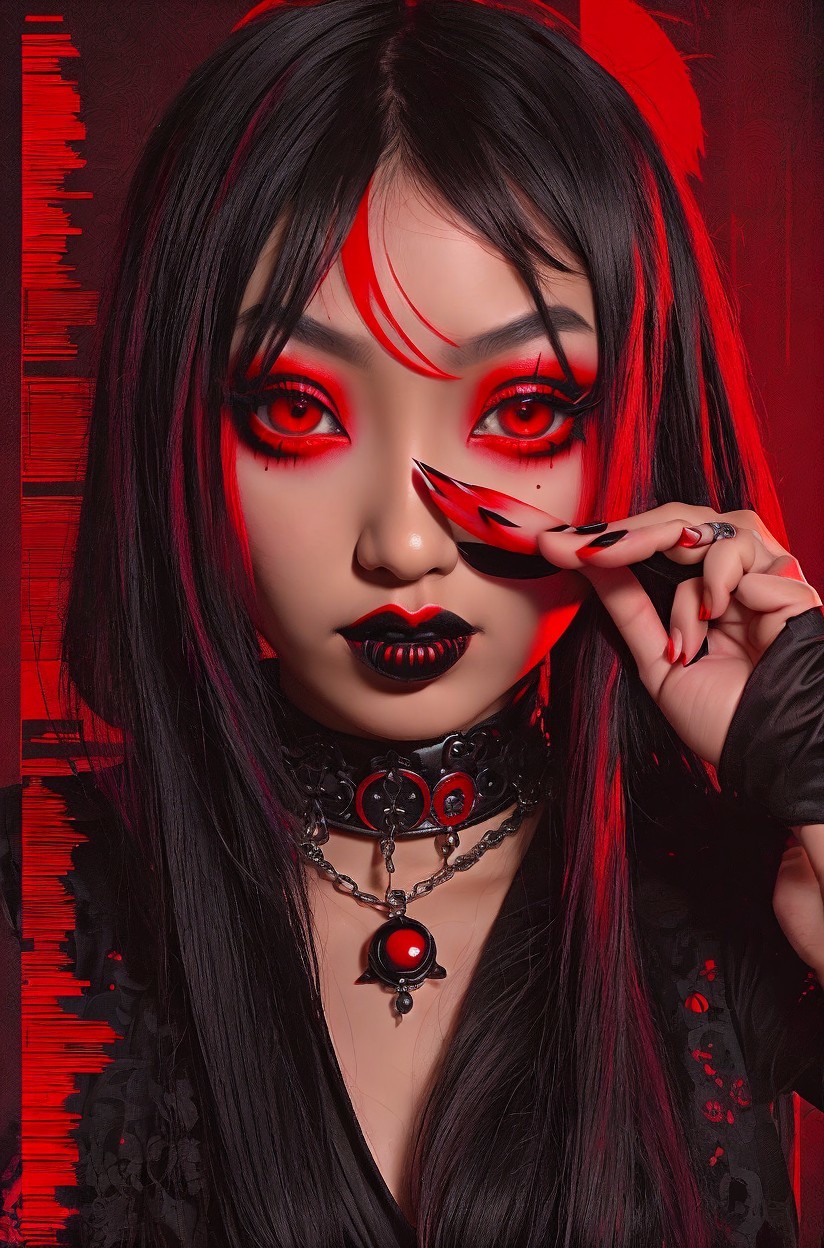 Individual with Long Black Hair and Red Highlights