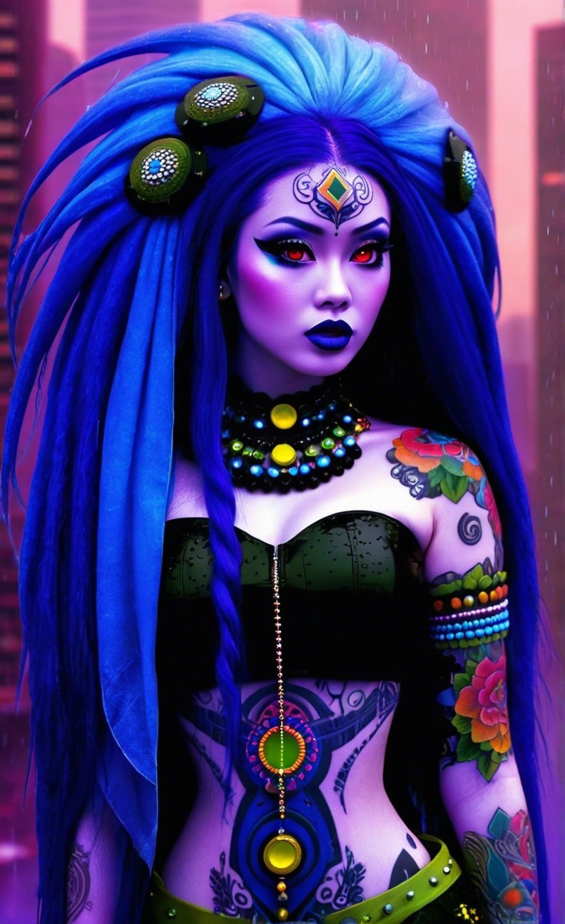 Vibrant Blue-Haired Figure in Urban Landscape