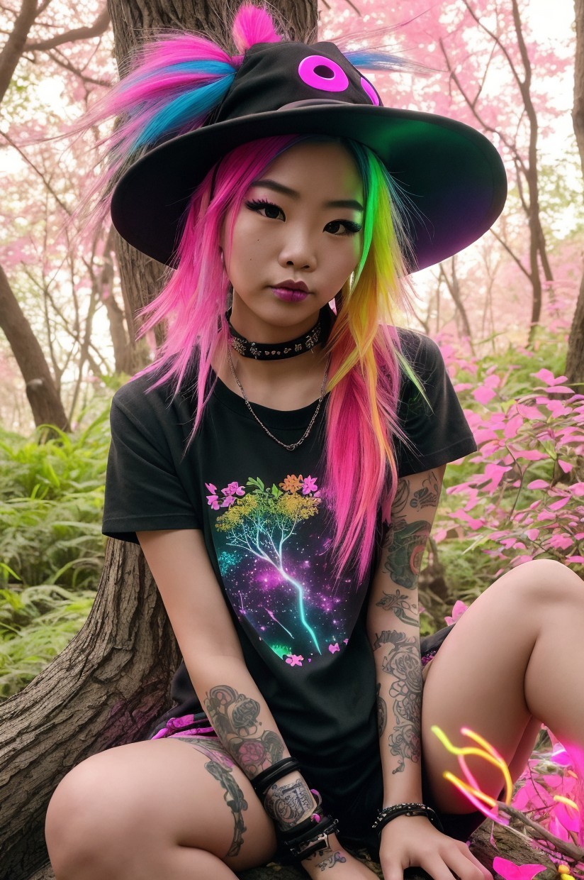 Young person in vibrant forest with colorful hair