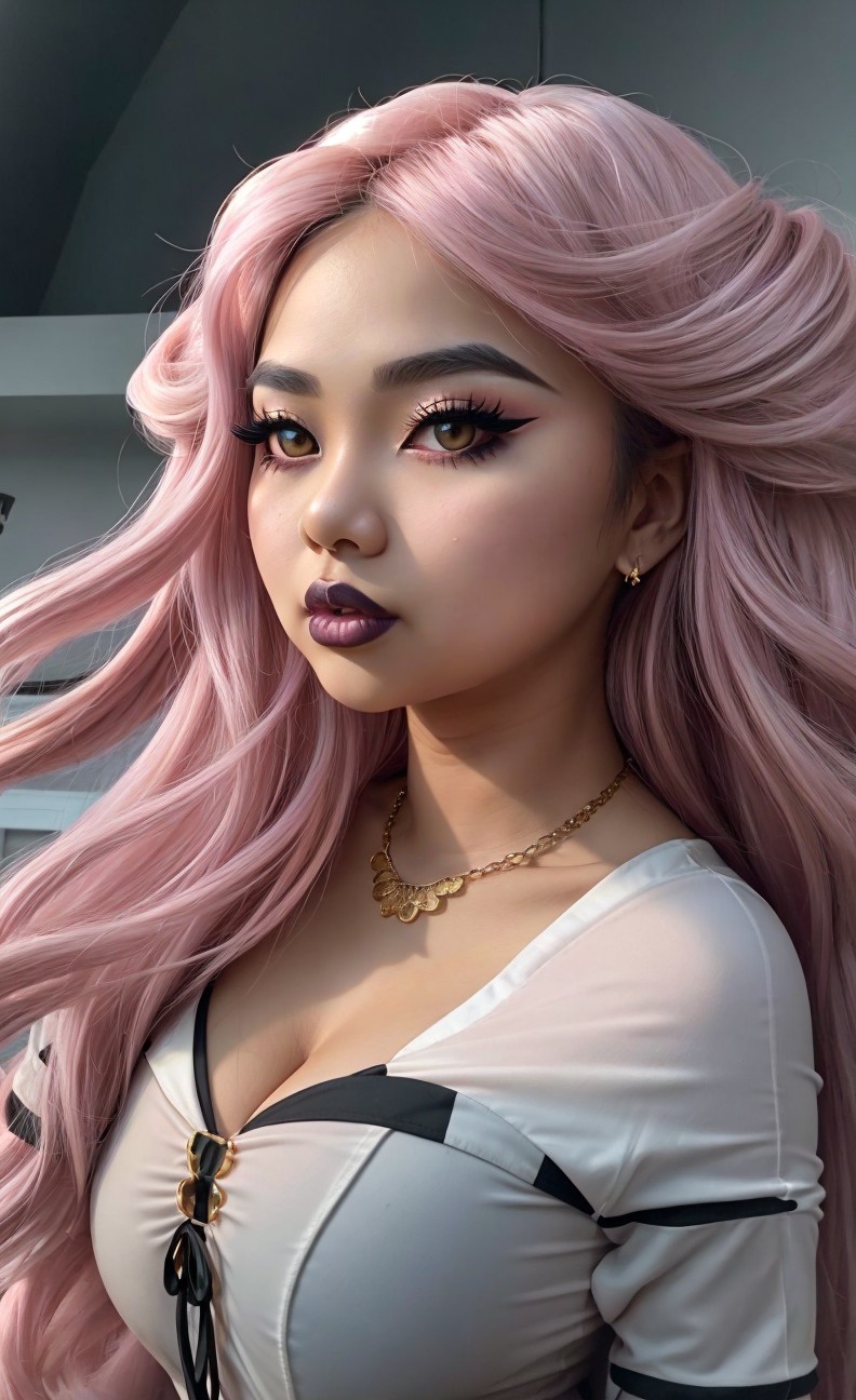 Young woman with pastel pink hair and golden eyes