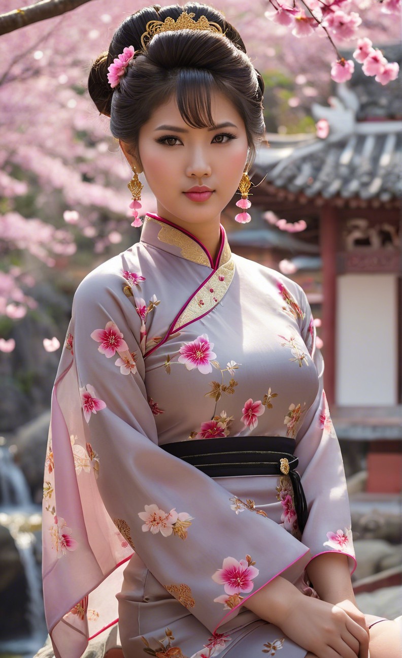 Young Woman in Floral Kimono Amid Cherry Blossoms