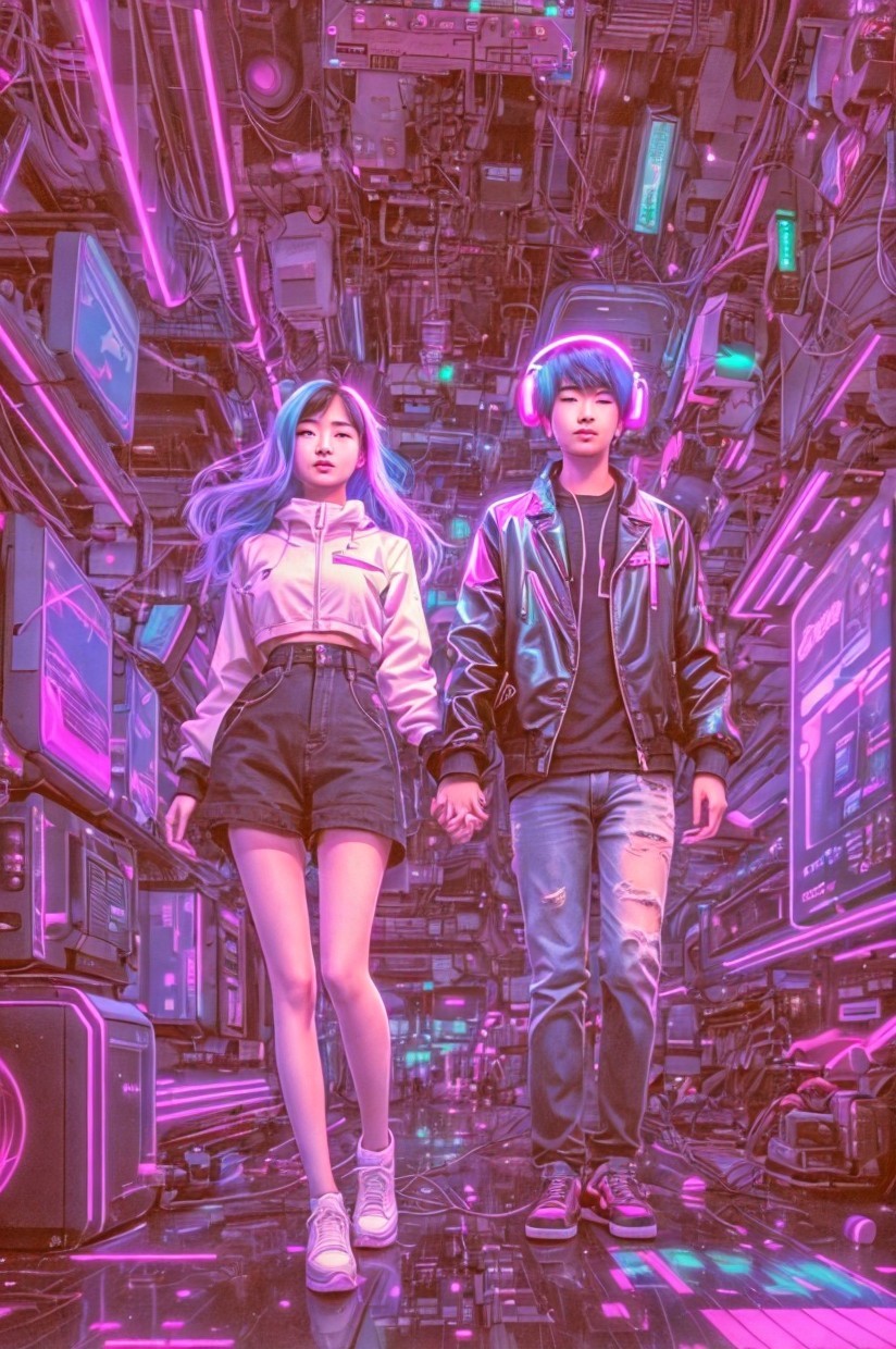 Futuristic Couple in Neon Digital Landscape