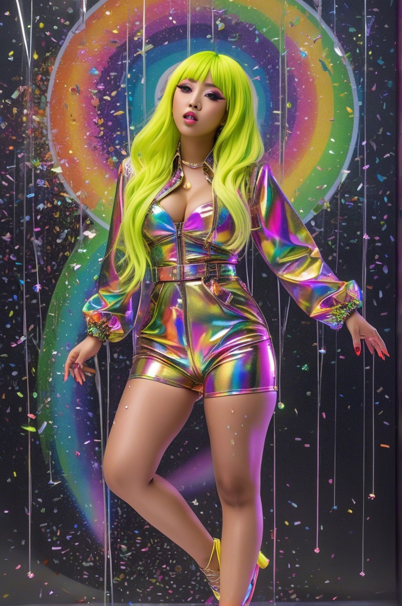 Model in Rainbow Romper with Neon Green Hair