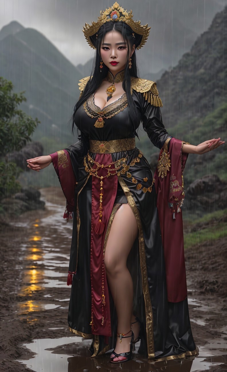 Woman in Traditional Dress with Mountain Backdrop