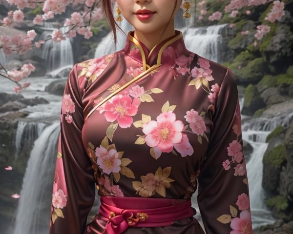 Young woman in floral dress amid waterfalls and blossoms