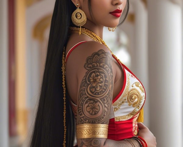 Vibrant Traditional Attire with Intricate Gold Details